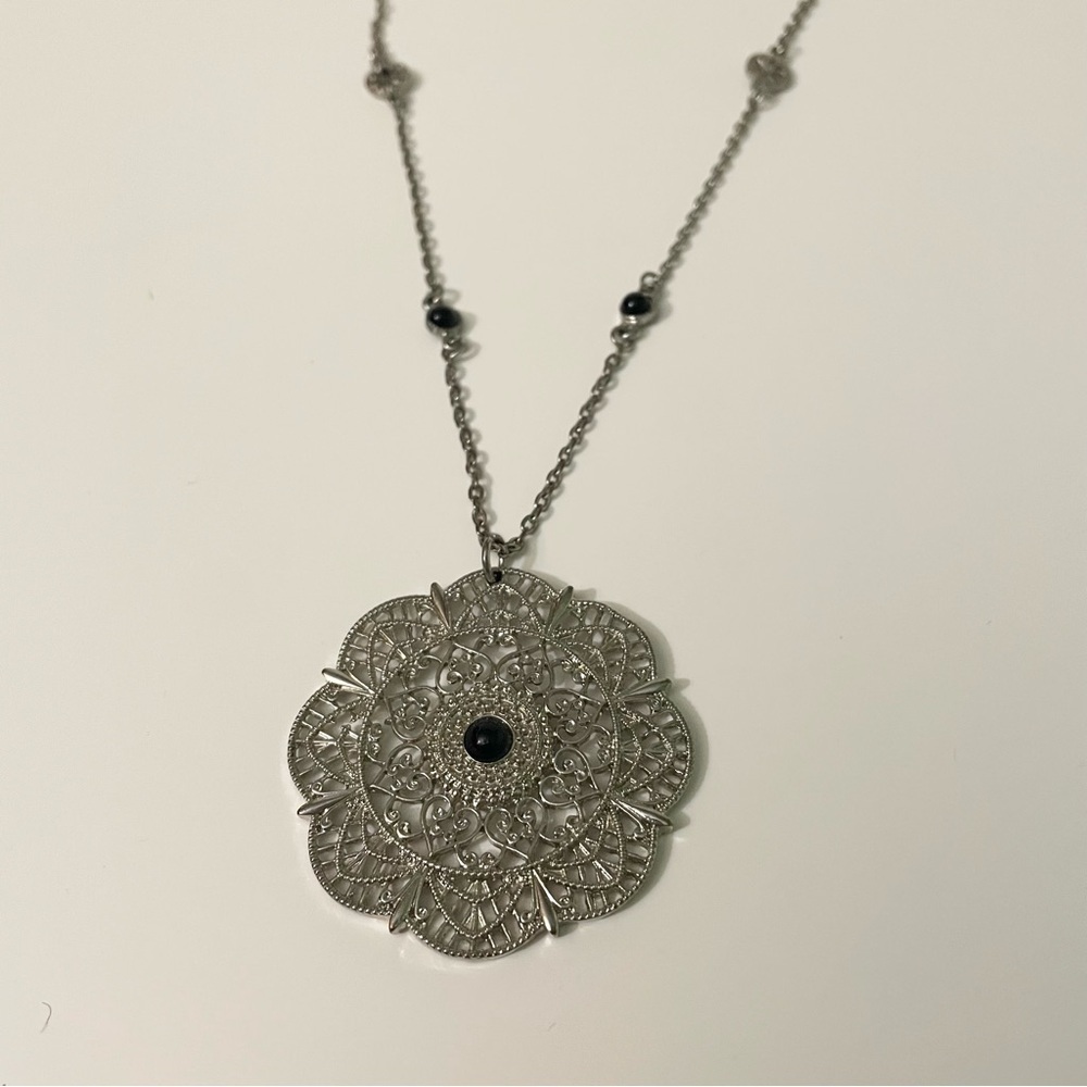 Silver Tone Filigree Mandala Pendant Necklace 38” Long Boho Black Stone
